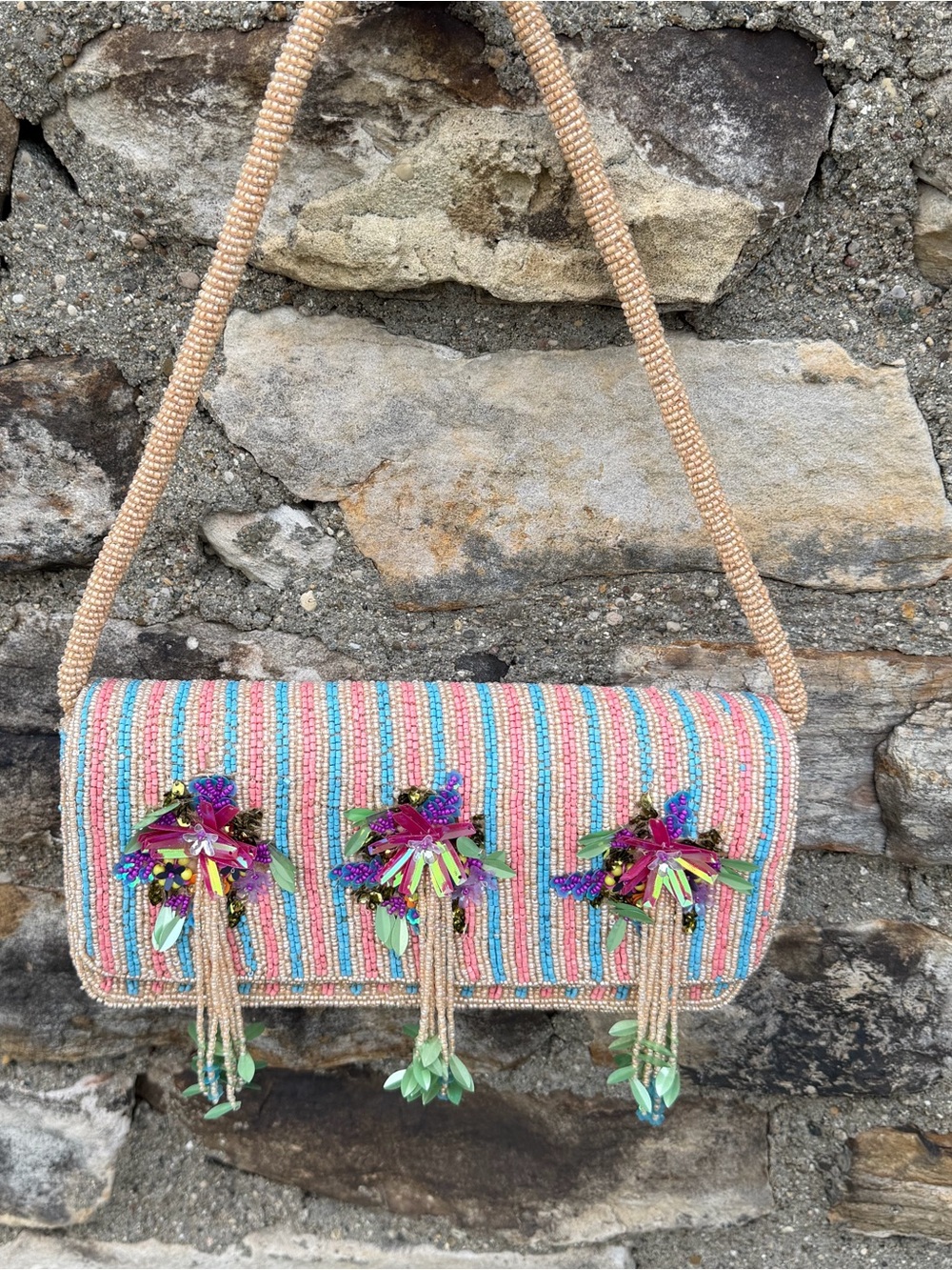 New pink and blue beaded tassel purse bag